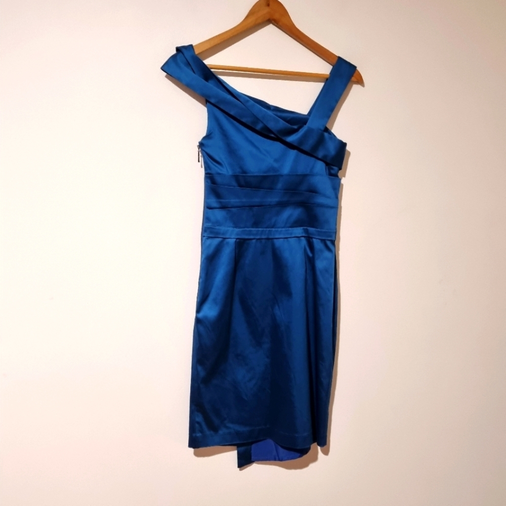 Cue Size 6 Teal Satin Cocktail Party Pencil Dress - Picture 4 of 7